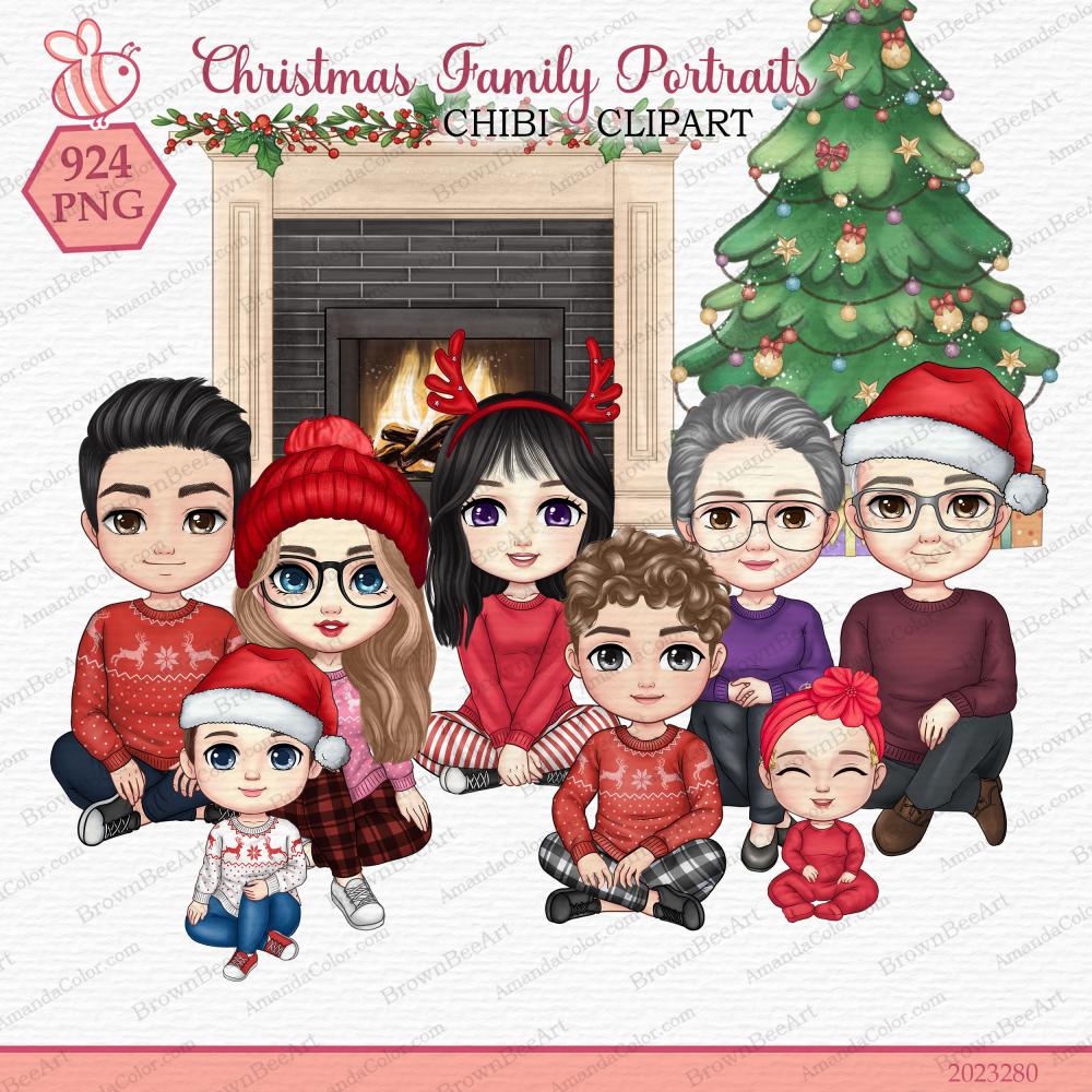 Christmas Family Chibi Portraits Clipart, Family sitting clipart, Merry Christmas 1 Family sitting