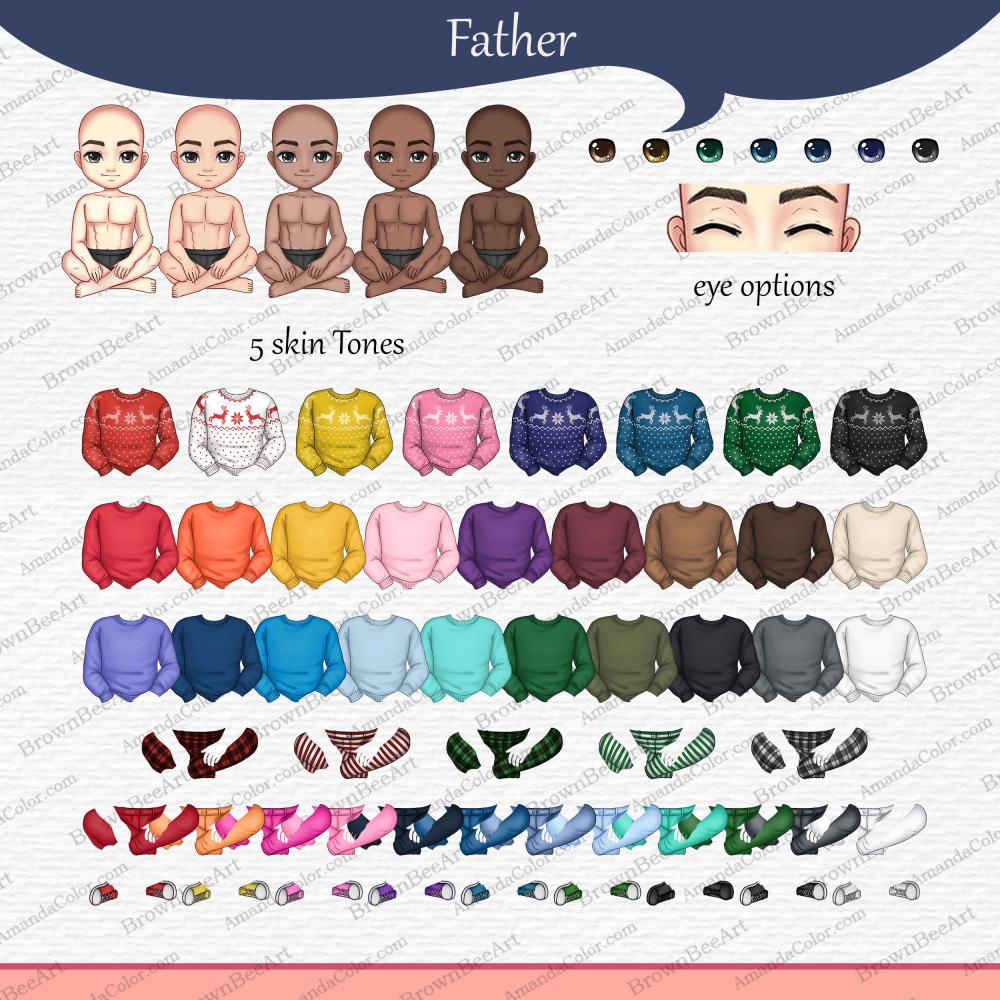 Christmas Family Chibi Portraits Clipart, Family sitting clipart, Merry Christmas 4 family christmas