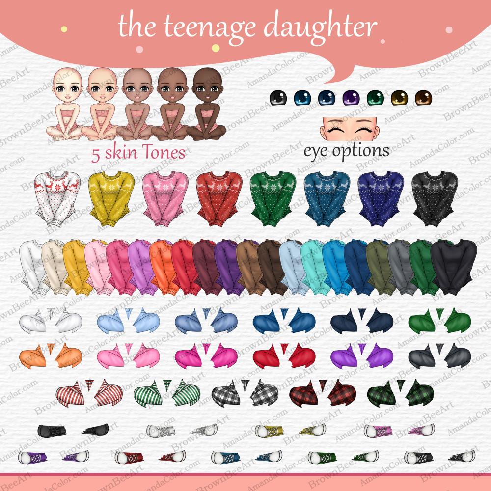 Christmas Family Chibi Portraits Clipart, Family sitting clipart, Merry Christmas 6 family