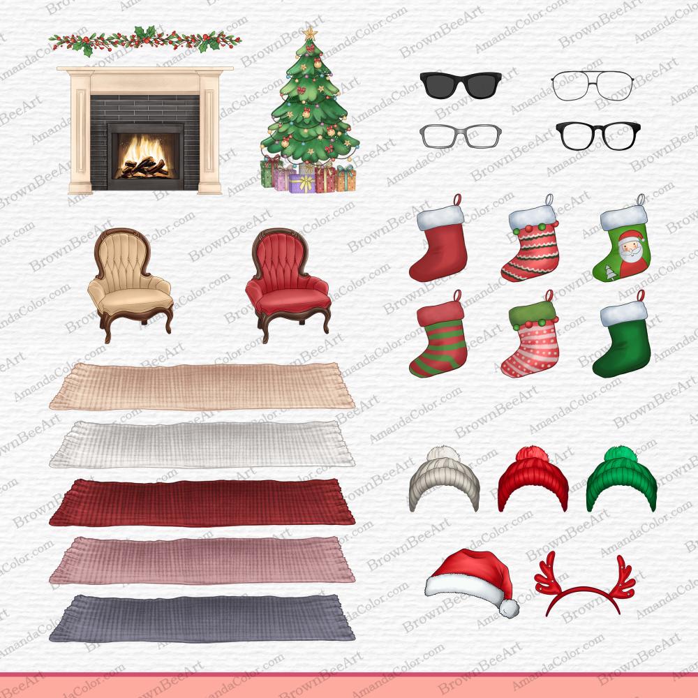 Christmas Family Chibi Portraits Clipart, Family sitting clipart, Merry Christmas 11 family